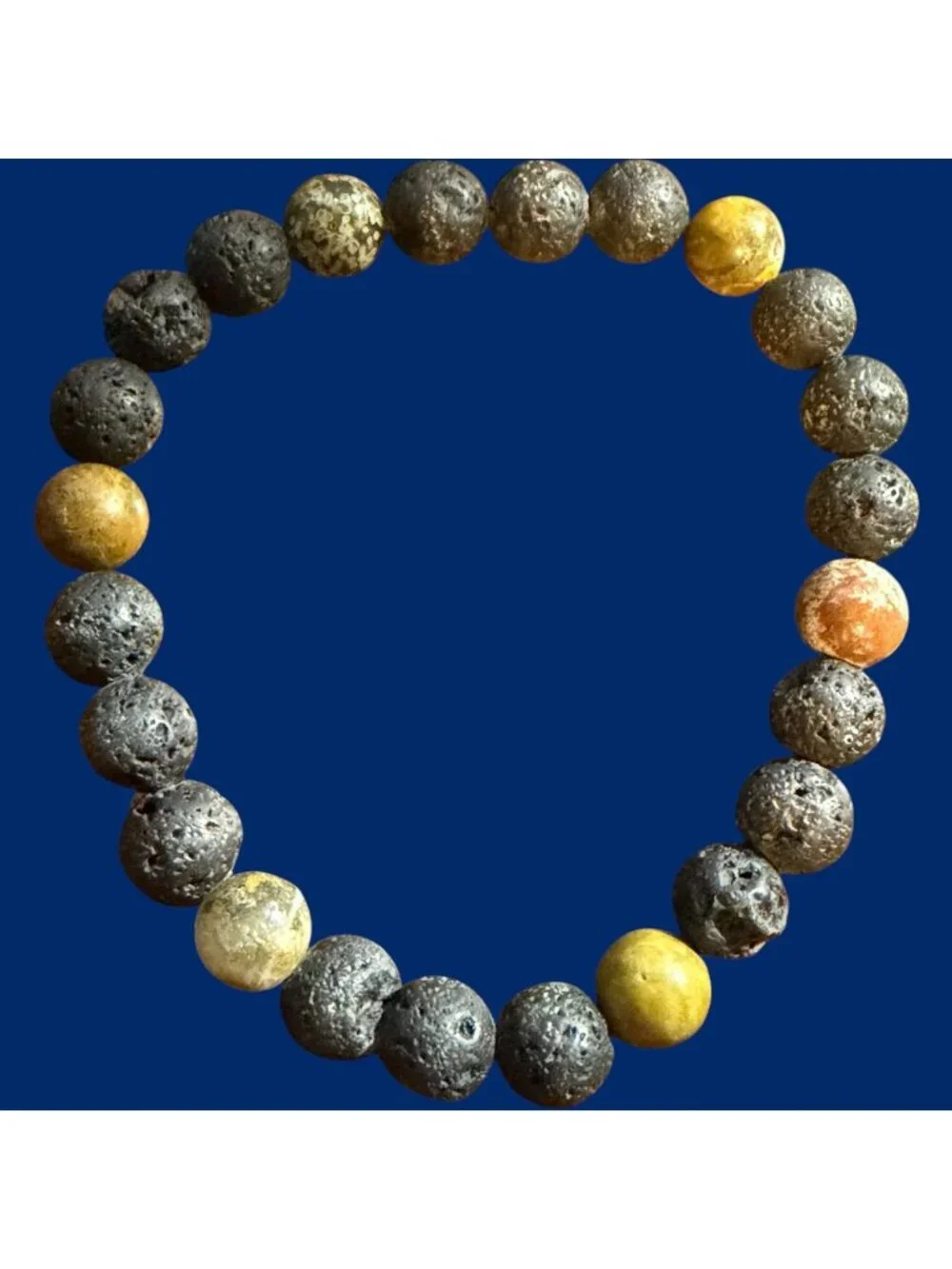 Lava Stone Bracelet Unisex Stretch Elastic Beaded Black Yellow Jasper Accent